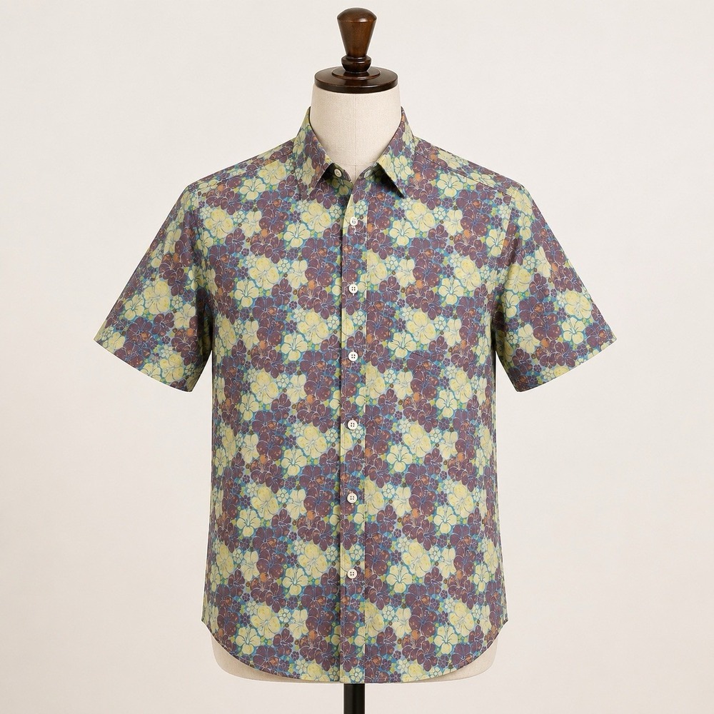 Kennington Hibiscus Floral Button Up Shirt Short Sleeve Mens Large Purple Cotton